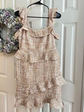 Dinner Par Dieu - luxurious Textured Tweed Ruffle mini dress light pink beige
